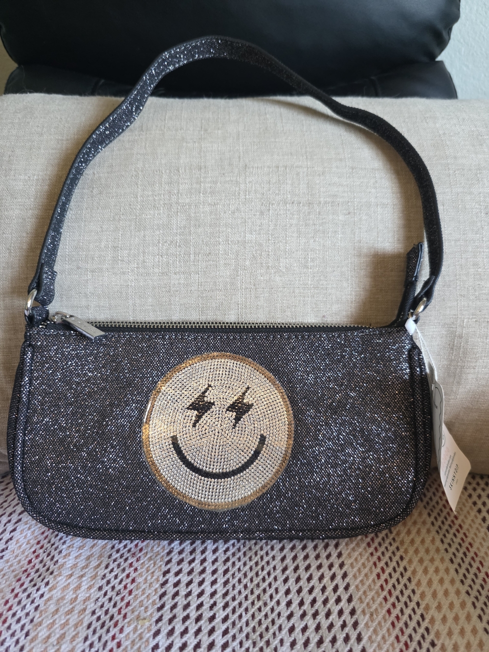 Black Glitter Mini Shoulder Bag with Sequin Smiley Accent